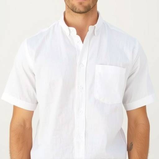 Camisa de linho masculina branca, manga curta, tecido leve e fresco.