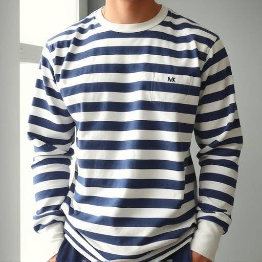 Camisa social masculina listrada, manga longa, tecido de algodão.