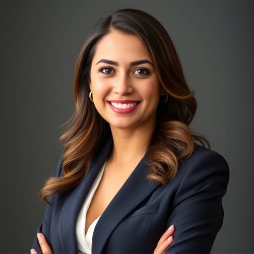 Foto de Mariana Ferreira, gerente de marketing da Elegância Corporativa, vestindo um vestido profissional elegante.