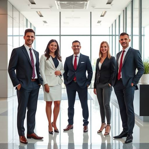 Imagem de um grupo de profissionais bem vestidos em um ambiente de escritório moderno, representando a elegância no trabalho.