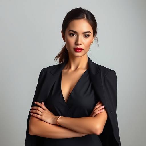 Imagem de uma mulher com postura elegante em um ambiente profissional.